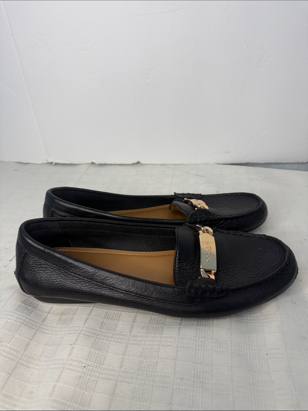 Coach Olive Black Leather Women's Driver Loafers with Gold Plaque - Picture 2 of 7